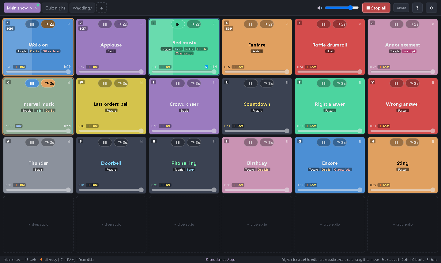Show Player with a bank of coloured buttons: Walk-on and Interval music playing, Bed music paused, each button showing its hotkey, play mode and fades